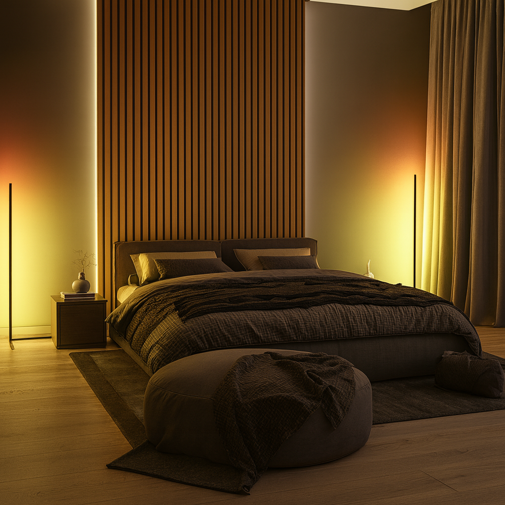 Cozy bedroom featuring KYOTO | SMART FLOOR LAMP and warm lighting accents for a stylish ambiance.